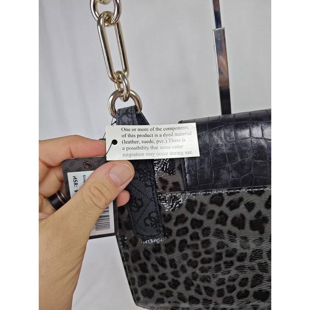 Guess Laurita LE259506 Black Leopard Print Patent Bow Flap Shoulder Handbag NWT